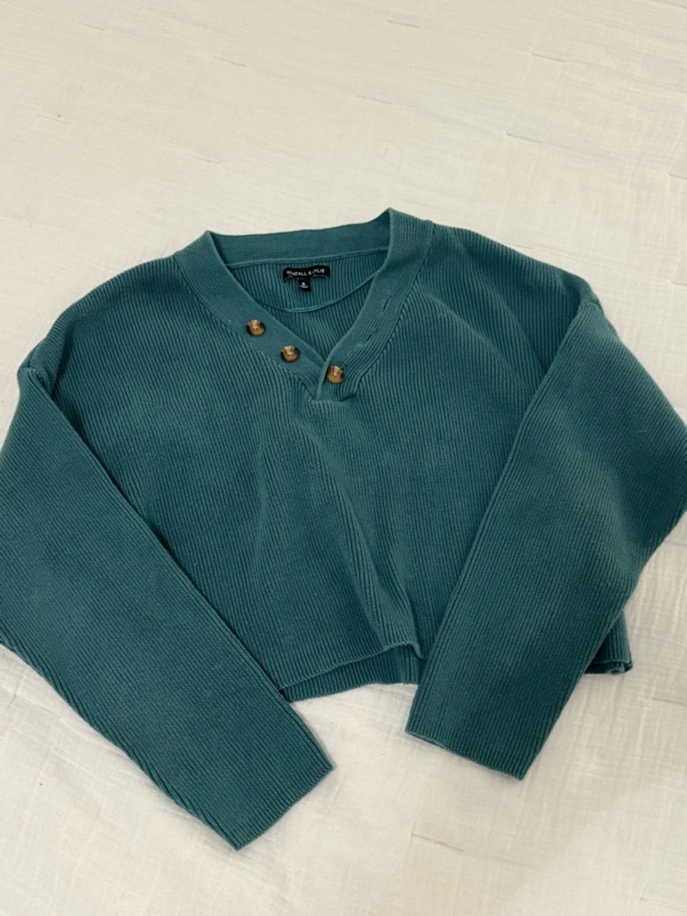 Kendall & Kylie Teal Ribbed Cropped Sweater with Button Detail